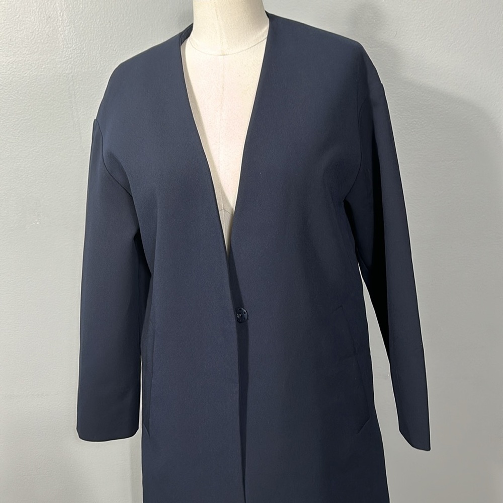 Plastic Island Navy v-neck minimalist side slit pocketed long coat size small